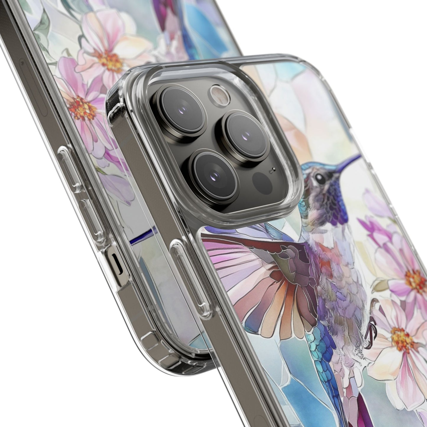 Clear Hummingbird Phone Case - Floral Stained Glass Design, Wireless Charging Compatible