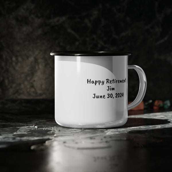 Personalized Retirement Mug, 12 oz Enamel Camp Cup, Adventure Awaits