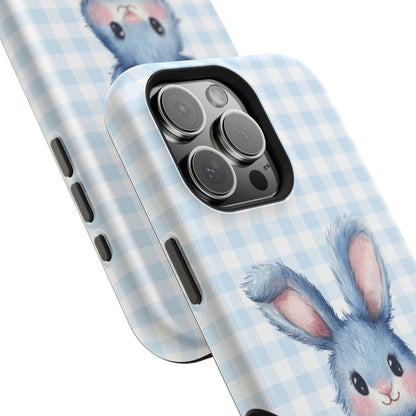 Cute Bunny on Blue Plaid MagSafe iPhone Case