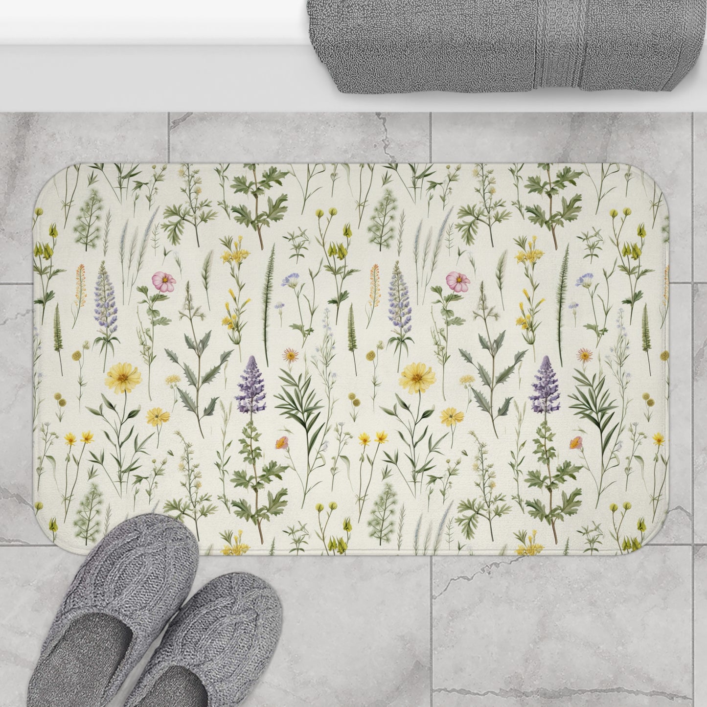 Floral Bath Mat, Wild Flower Designed Bath Mat, Purple and Yellow Floral Bathroom Decor