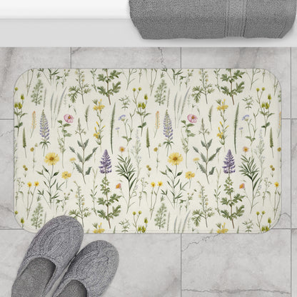 Floral Bath Mat, Wild Flower Designed Bath Mat, Purple and Yellow Floral Bathroom Decor