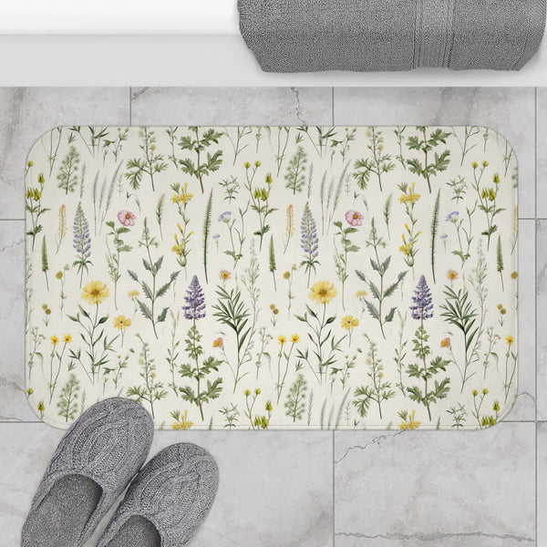 Floral Bath Mat, Wild Flower Designed Bath Mat, Purple and Yellow Floral Bathroom Decor