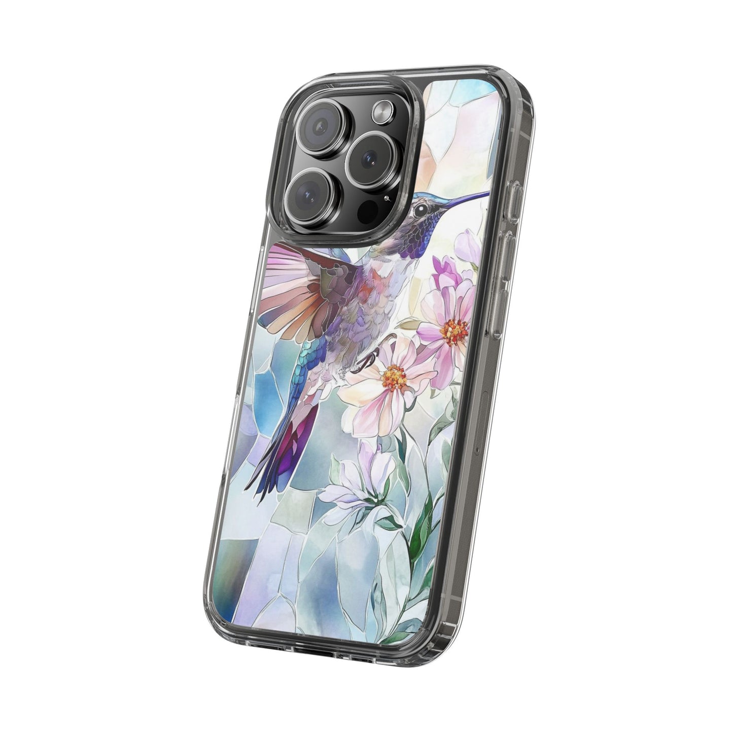 Clear Hummingbird Phone Case - Floral Stained Glass Design, Wireless Charging Compatible