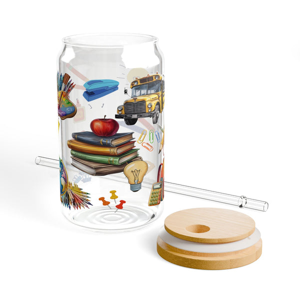 Teacher 16oz Glass, Back to School Can Glass, Teacher Gift Cup, Glass Jar with Lid and Straw, 16oz Glass Cup, Libbey Cup