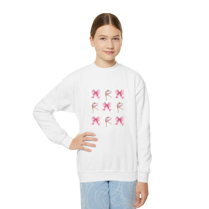 Youth Crewneck Sweatshirt — Pink Ballet Bow Grid Graphic for Girls, Cute Dance Crewneck