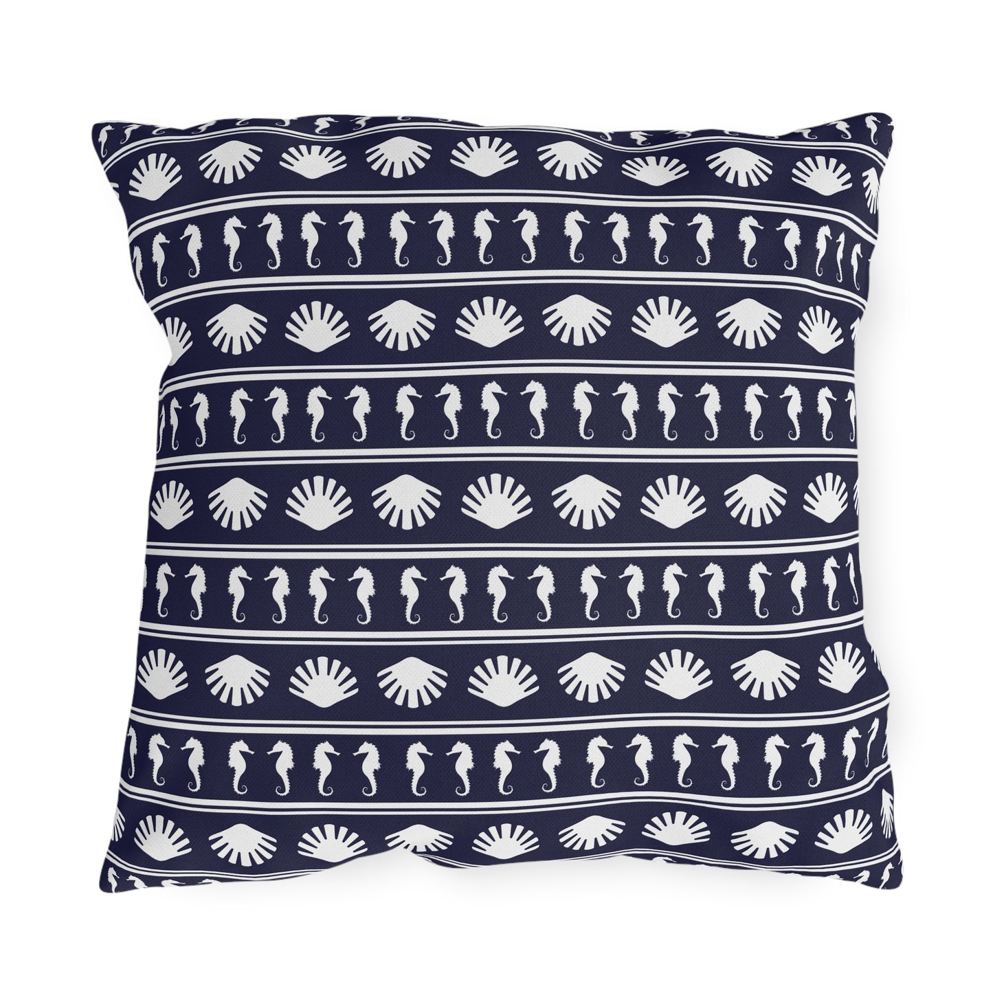 Navy Blue and White Seahorses and Shells Outdoor Pillow