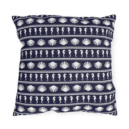 Navy Blue and White Seahorses and Shells Outdoor Pillow