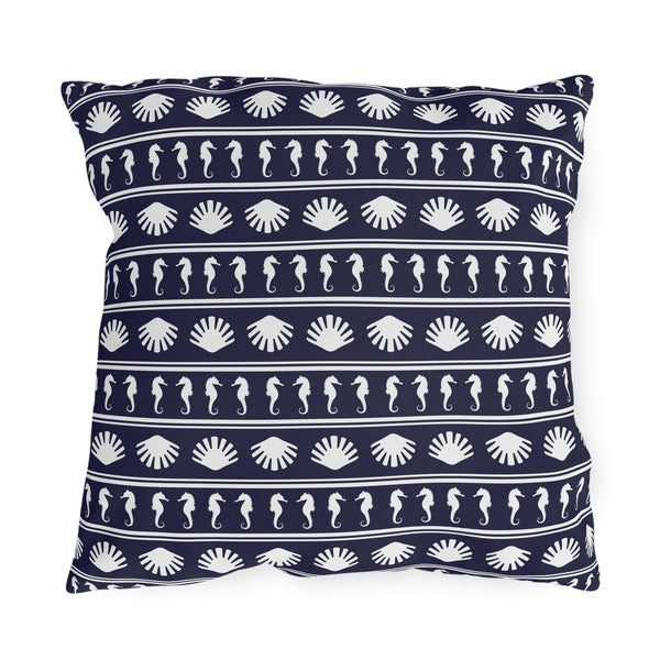 Navy Blue and White Seahorses and Shells Outdoor Pillow