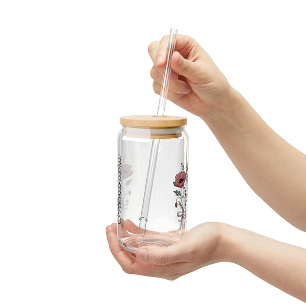 Personalized August Flower 16oz Can Glass - Stylish Sipper with Bamboo Lid and Straw