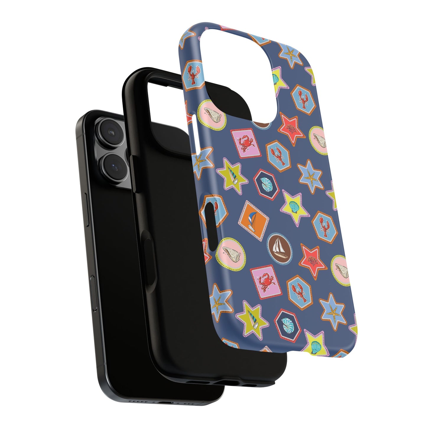 Lobsters Sailboats and Seashells on Navy Blue Phone Case