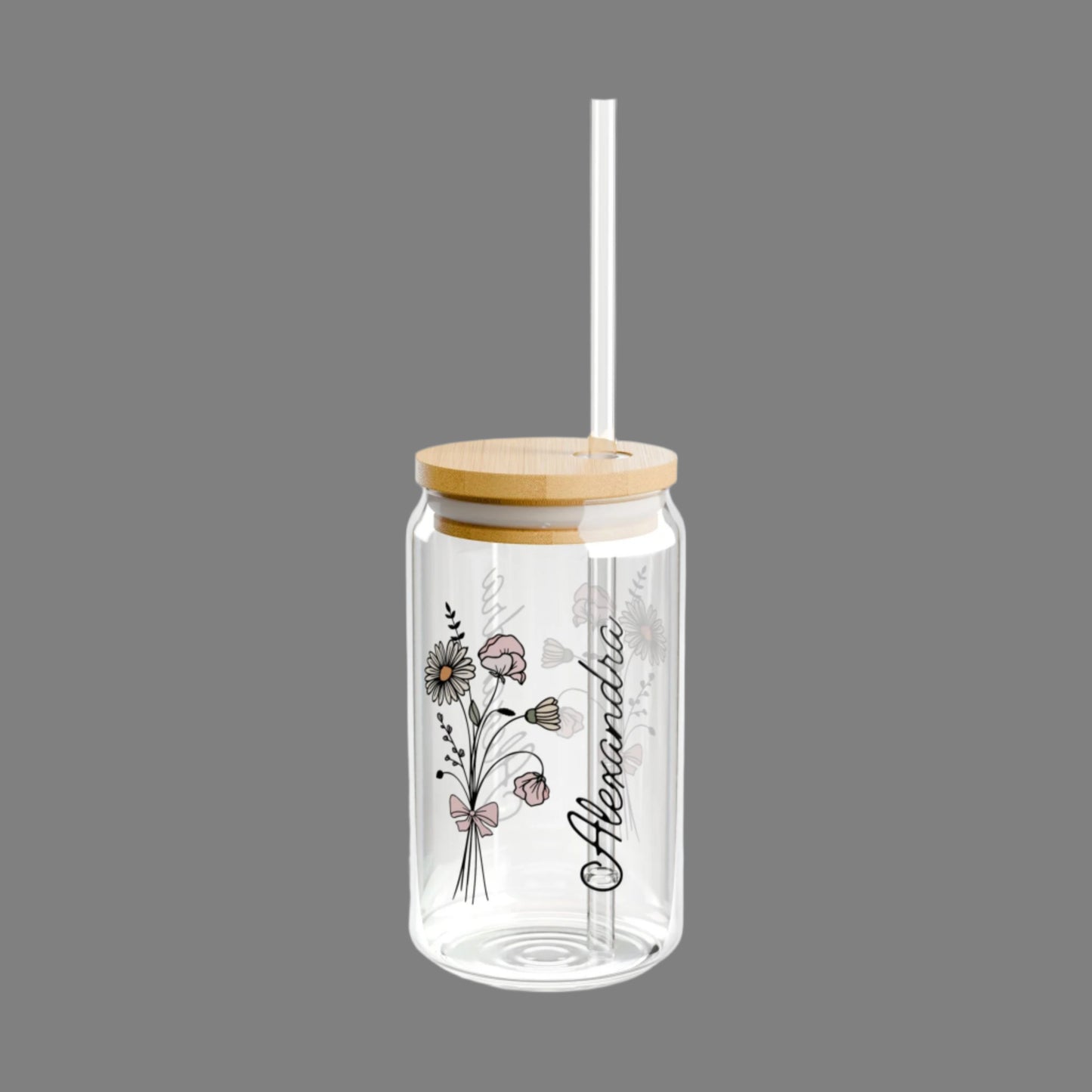 Personalized April Flower - 16oz Glass With Lid and Straw