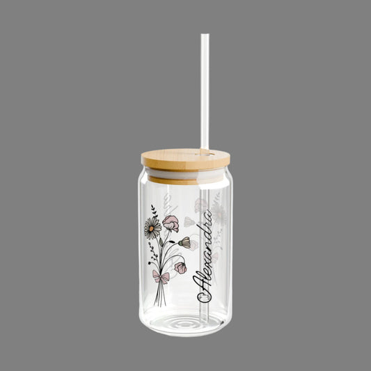 Personalized April Flower - 16oz Glass With Lid and Straw