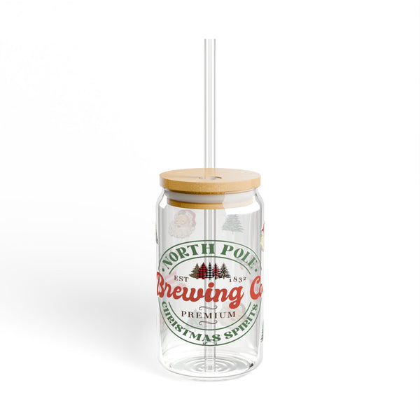 Christmas 16oz Glass, Christmas Brewing Can Glass, Christmas Gift, North Pole, Glass Jar with Lid and Straw, 16oz Glass Cup, Libbey Cup