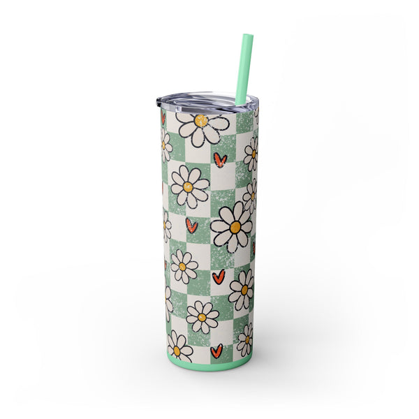 Skinny Tumbler, Daily Daisy Tumbler, Heart Tumbler, 20oz Skinny Tumbler, Skinny Tumbler with Lid and Straw, Floral Tumber