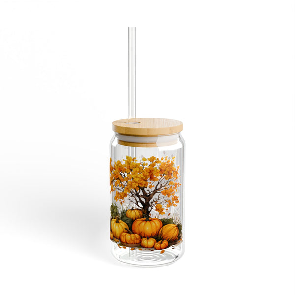Fall Themed 16oz Glass, Iced Pumpkin Spice Can Glass, Fall Drinks Cup, Glass Jar with Lid and Straw, 16oz Glass Cup, Libbey Cup