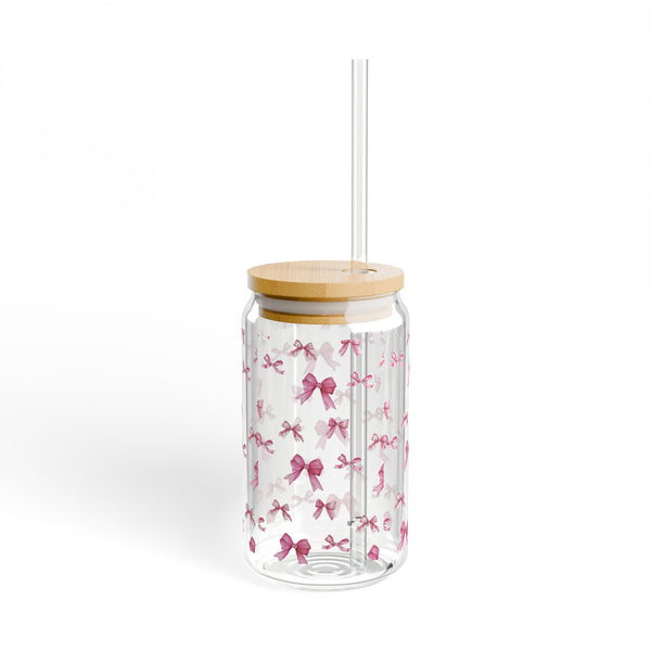Coquette 16oz Glass Can Cup with Pink Bows, Cute Iced Coffee Cup, Sipper Glass