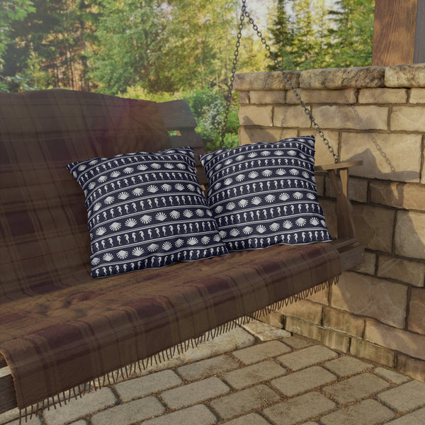 Navy Blue and White Seahorses and Shells Outdoor Pillow