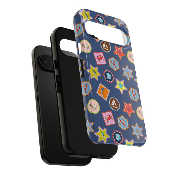 Lobsters Sailboats and Seashells on Navy Blue Phone Case