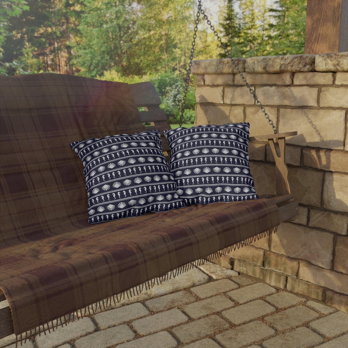 Navy Blue and White Seahorses and Shells Outdoor Pillow