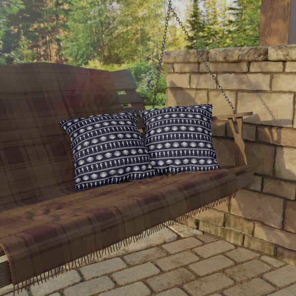 Navy Blue and White Seahorses and Shells Outdoor Pillow