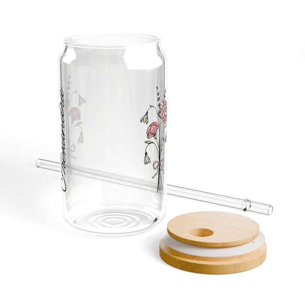 Personalized January Flower 16oz Can Glass - Stylish Sipper with Bamboo Lid and Straw