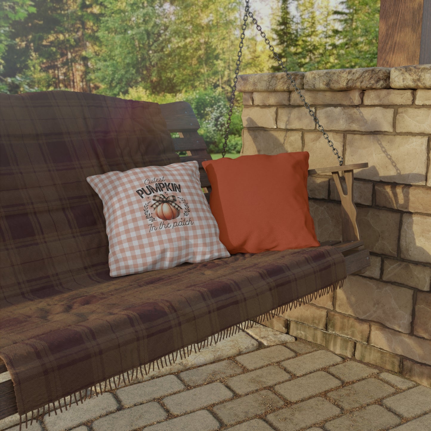 Cutest Pumpkin in the Patch Plaid Outdoor Pillow — Fall Gingham Decorative Pillow