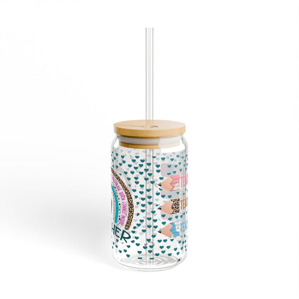 16 oz glass can cup with Teacher Life design