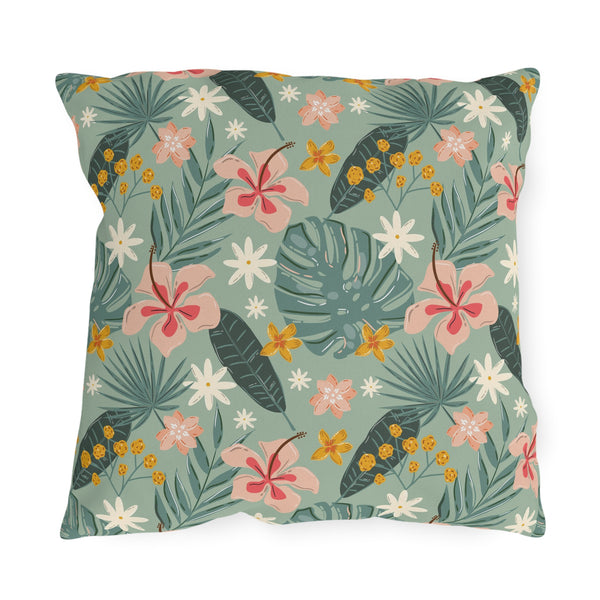 Palm Leaf & Hibiscus - Outdoor Throw Pillow