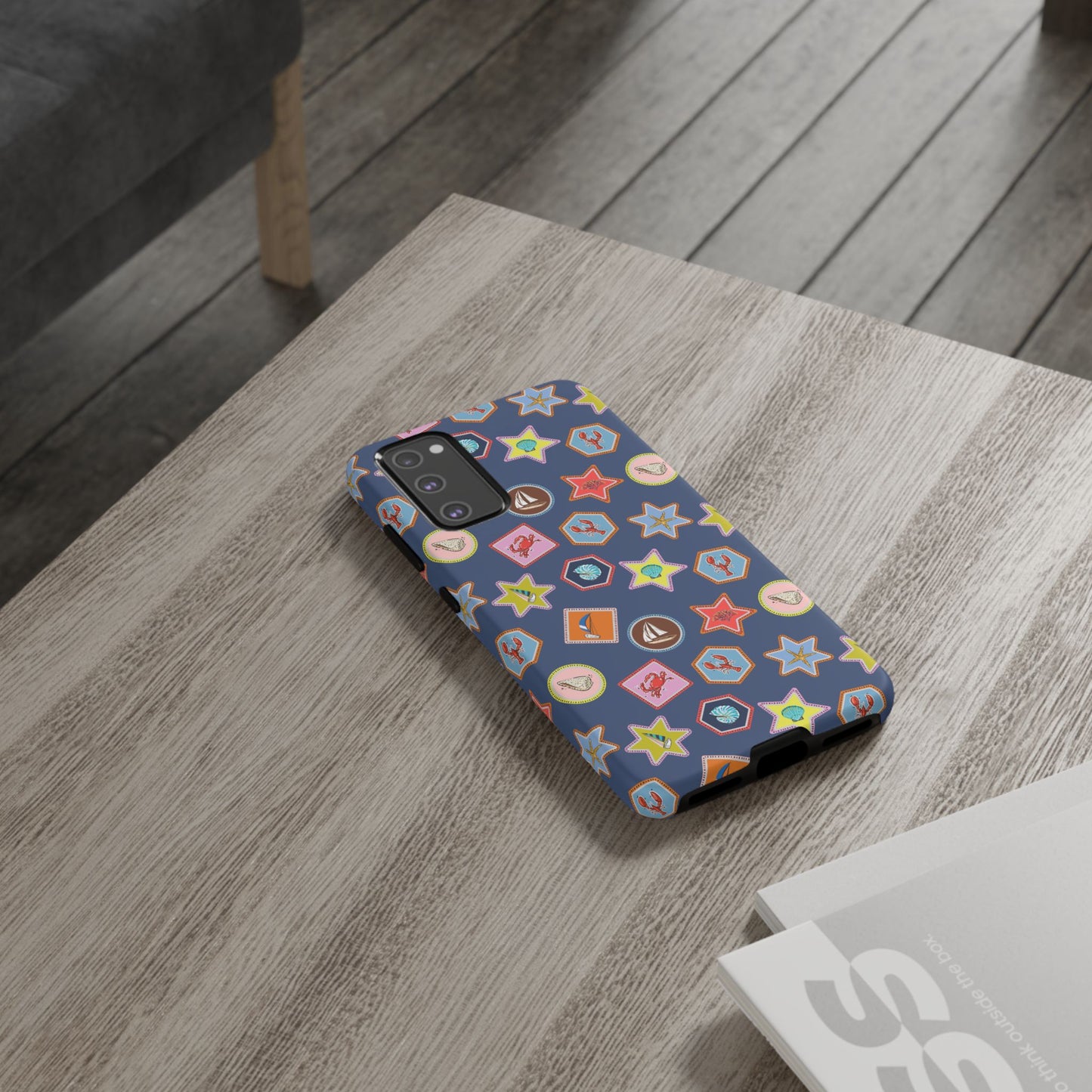 Lobsters Sailboats and Seashells on Navy Blue Phone Case