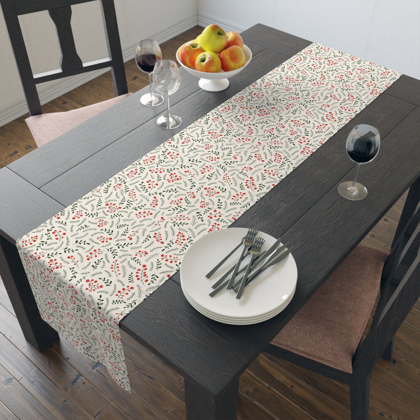 Christmas Table Runner Featuring Red & Green Holly