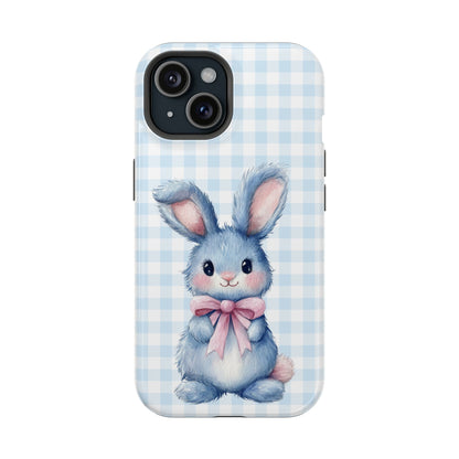 Cute Bunny on Blue Plaid MagSafe iPhone Case