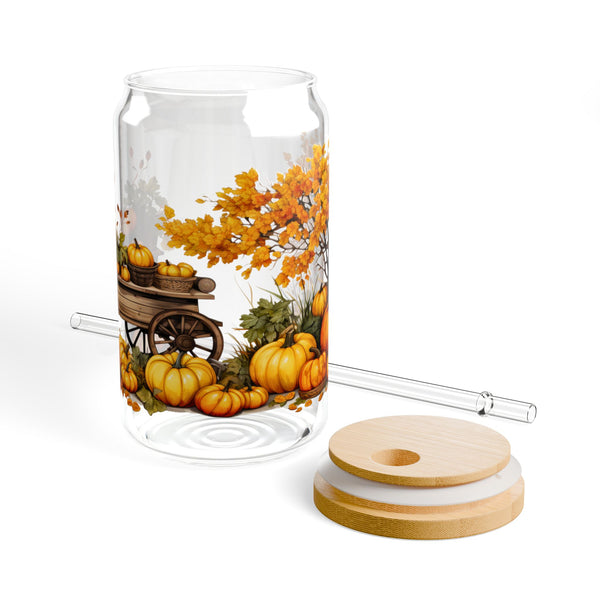 Fall Themed 16oz Glass, Iced Pumpkin Spice Can Glass, Fall Drinks Cup, Glass Jar with Lid and Straw, 16oz Glass Cup, Libbey Cup