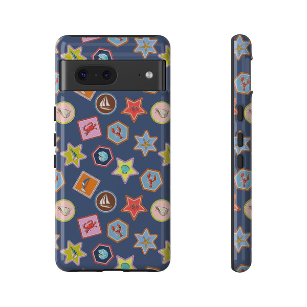 Lobsters Sailboats and Seashells on Navy Blue Phone Case