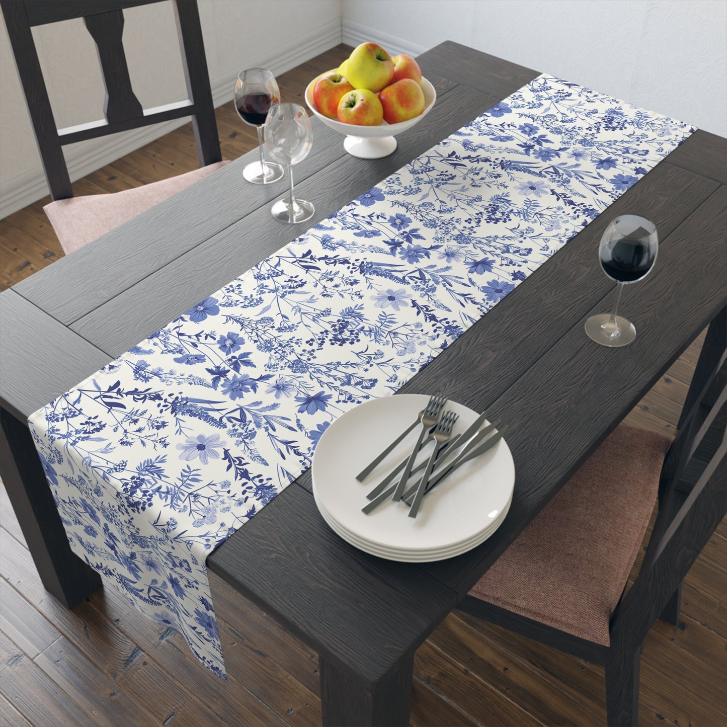 Blue Floral Toile Table Runner