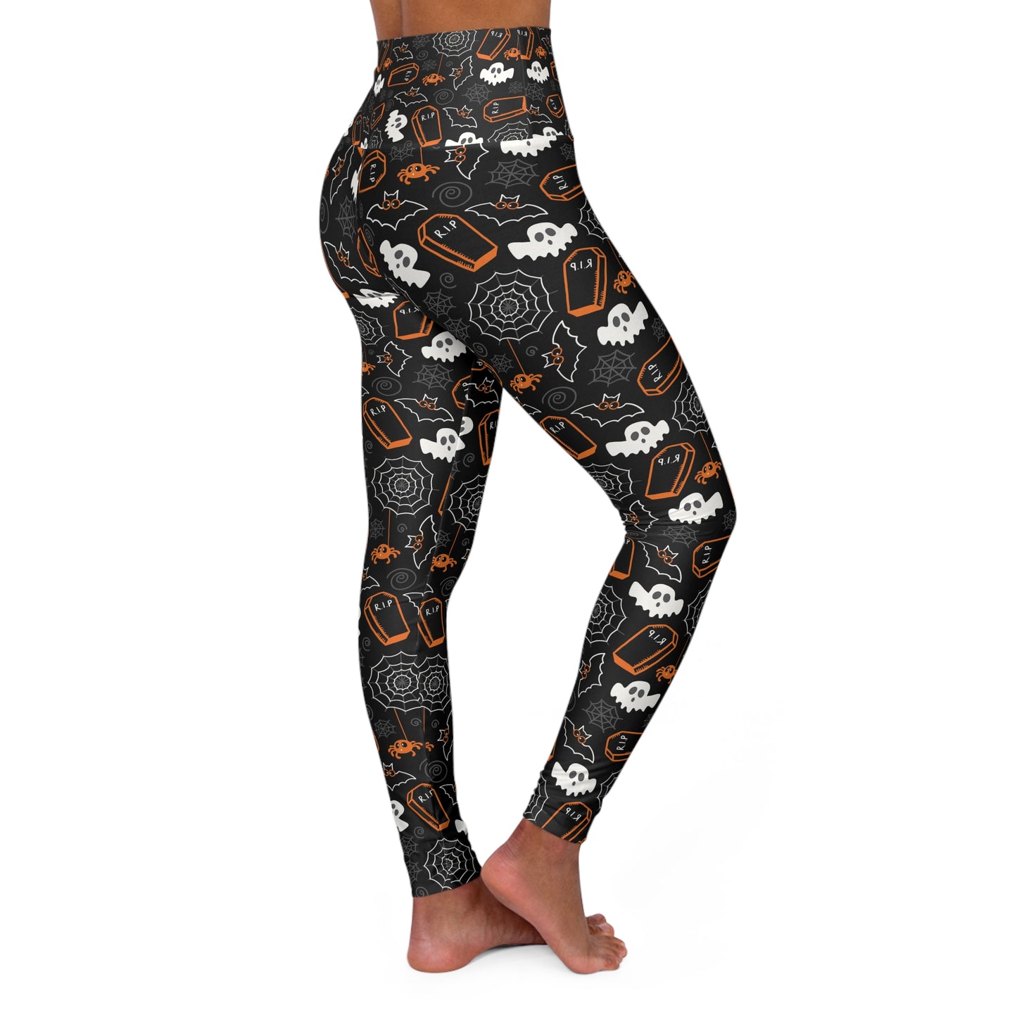 Spooky Season High Waisted Yoga Leggings – Cute Ghost, Bat & Coffin Print