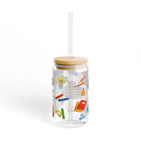 Teacher 16oz Glass, Back to School Can Glass, Teacher Gift Cup, Glass Jar with Lid and Straw, 16oz Glass Cup, Libbey Cup