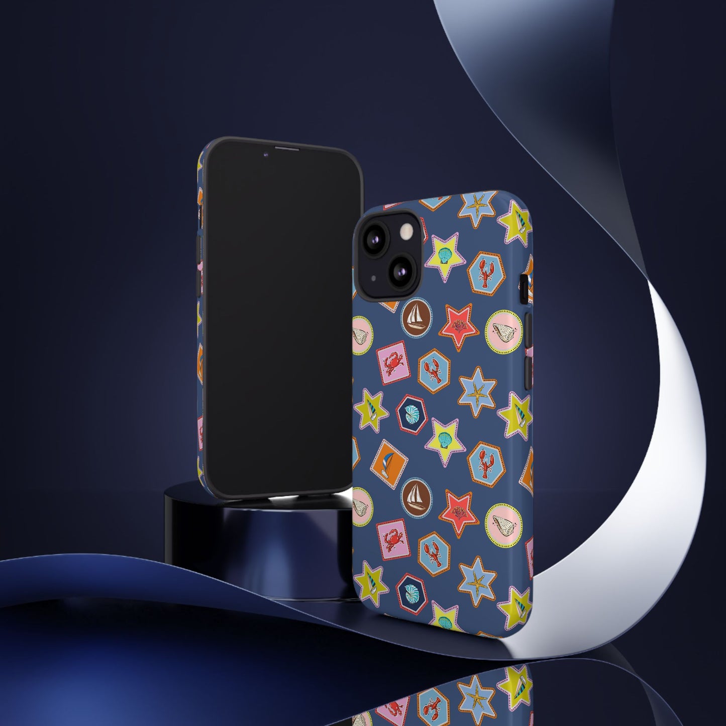 Lobsters Sailboats and Seashells on Navy Blue Phone Case