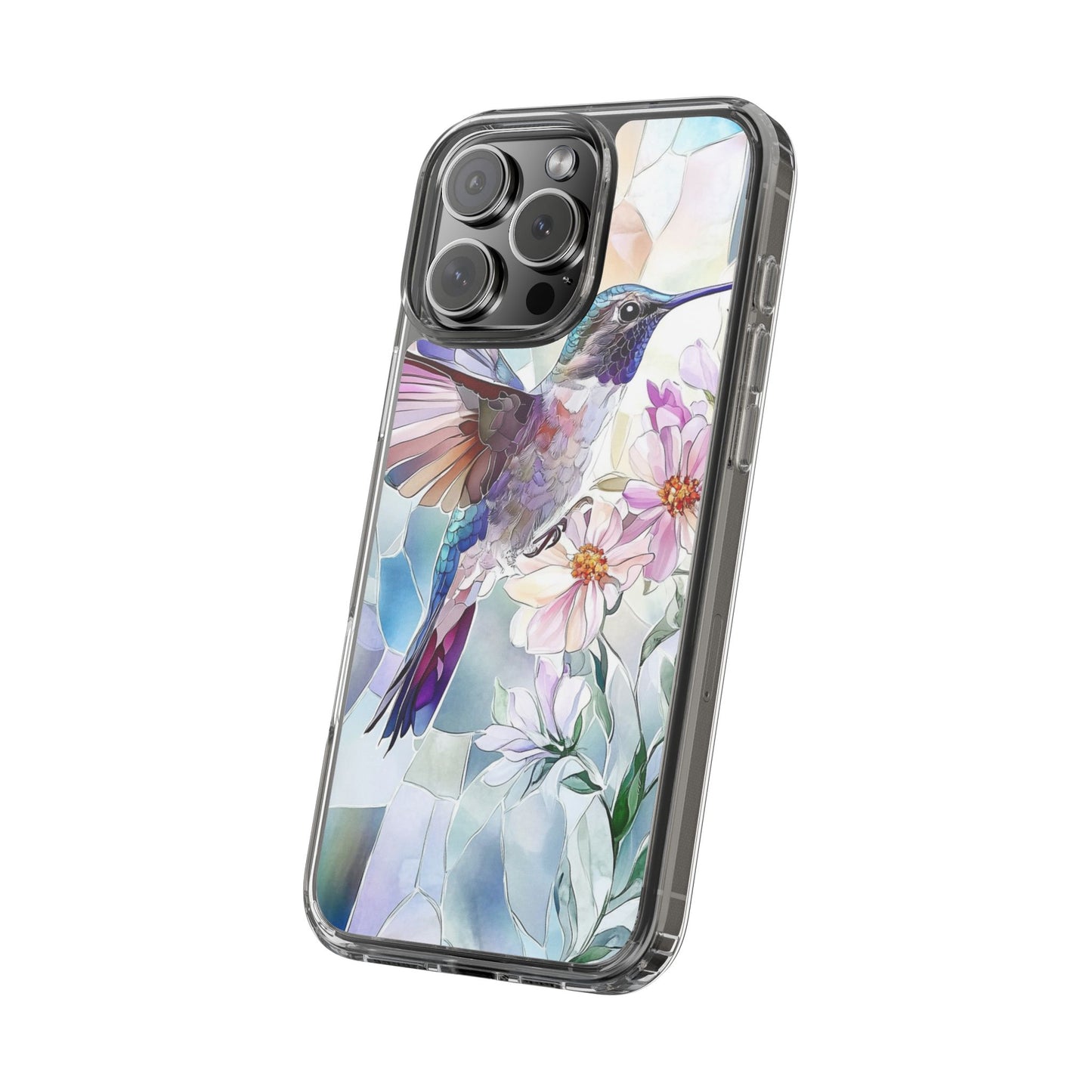 Clear Hummingbird Phone Case - Floral Stained Glass Design, Wireless Charging Compatible