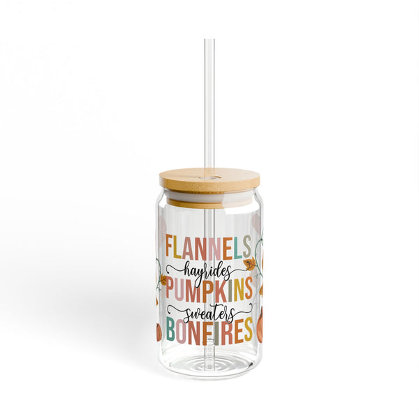 Fall Glass Can, Pumpkins 16oz Libbey Glass, Hayride Iced Coffee Cup, Fall Themed, Glass Tumbler Cup with Lid & Straw, Sweater Season