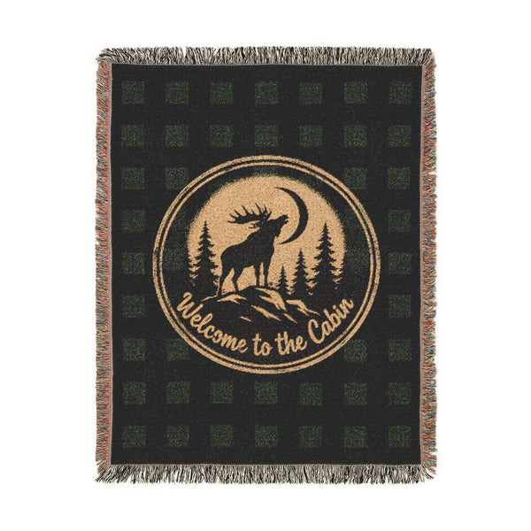 Welcome to the Cabin Woven Blanket | Moose & Pine Tree Buffalo Plaid Throw | Rustic Lodge Cabin Decor | Fall & Winter Gift
