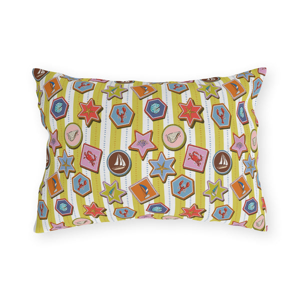 Coastal Nautical Outdoor Throw Pillow – Beach House Patio Cushion with Lobsters, Sailboats & Seashells
