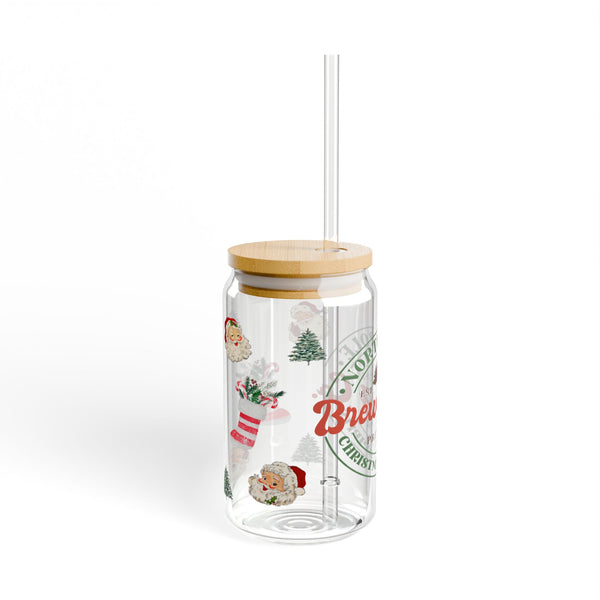 Christmas 16oz Glass, Christmas Brewing Can Glass, Christmas Gift, North Pole, Glass Jar with Lid and Straw, 16oz Glass Cup, Libbey Cup
