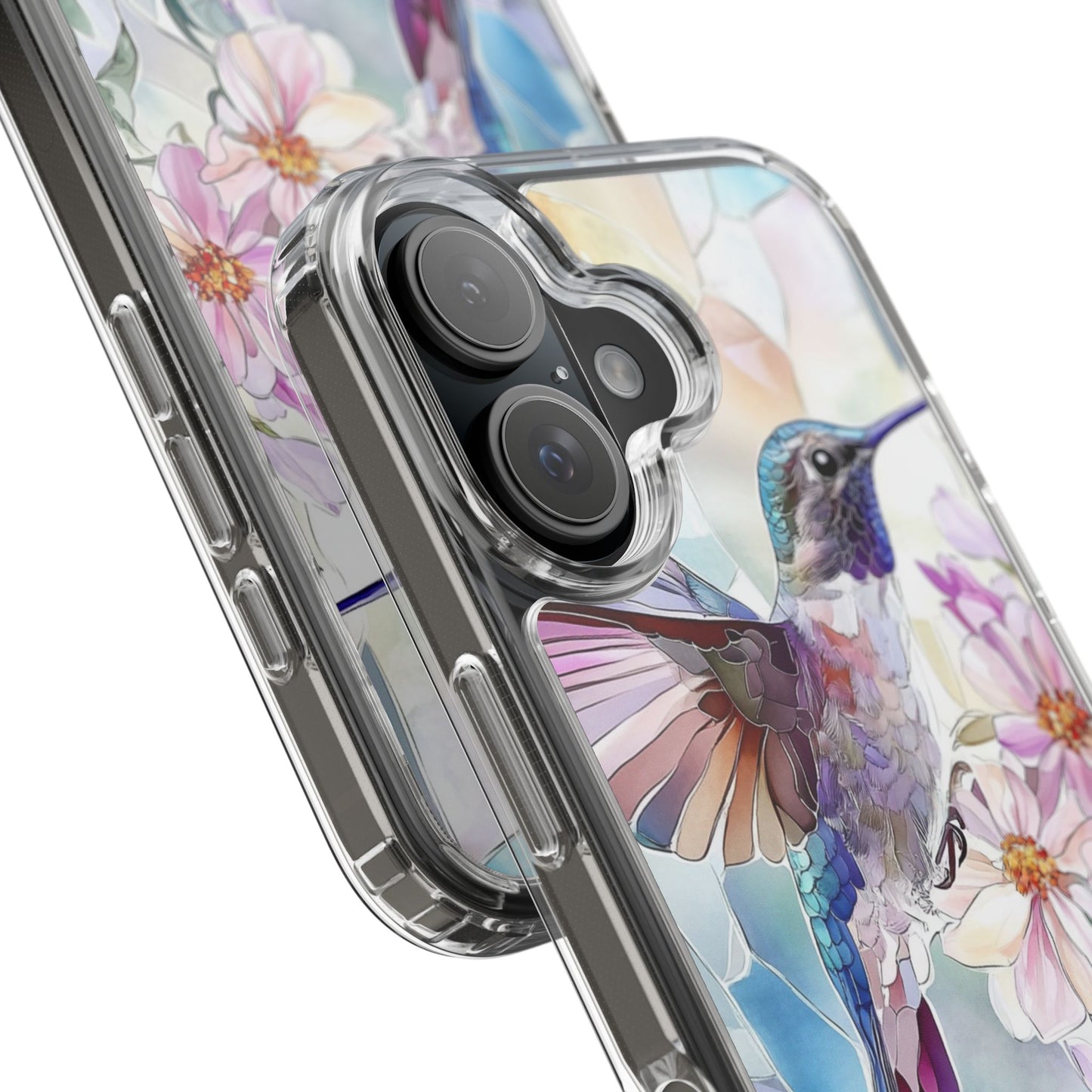 Clear Hummingbird Phone Case - Floral Stained Glass Design, Wireless Charging Compatible