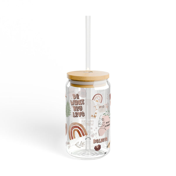 Daily Affirmation Glass Can Cup with Bamboo Lid & Straw, 16oz Self-Care Motivational Tumbler, Inspirational Drinkware, Positive Energy Cup