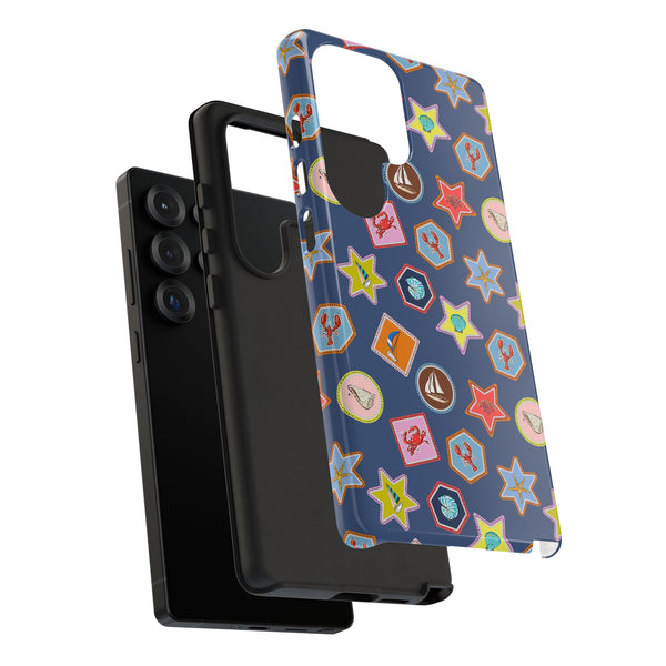 Lobsters Sailboats and Seashells on Navy Blue Phone Case
