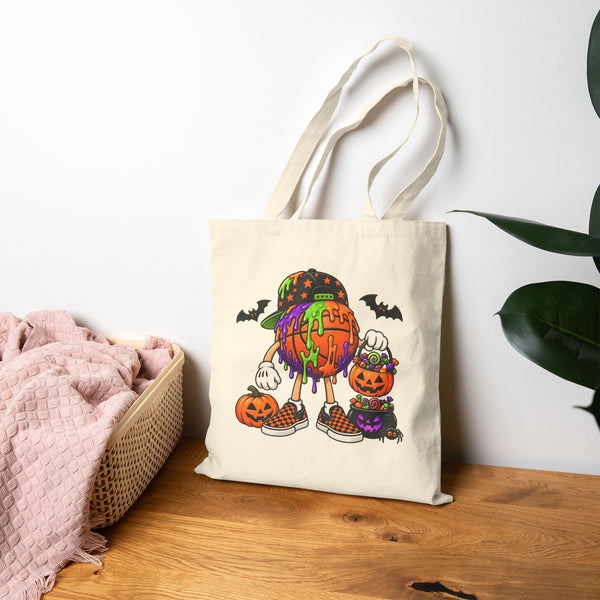 Drippy Football Candy Skull Tote Bag | Pumpkin, Bats, Trick-or-Treat