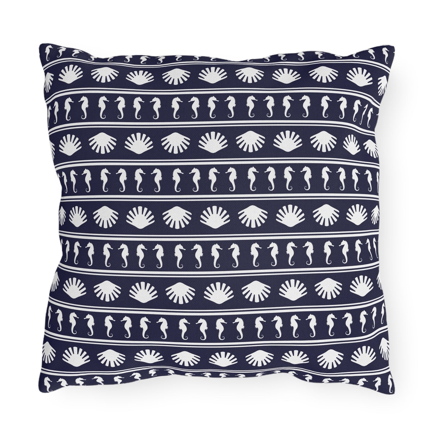 Navy Blue and White Seahorses and Shells Outdoor Pillow