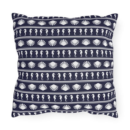 Navy Blue and White Seahorses and Shells Outdoor Pillow