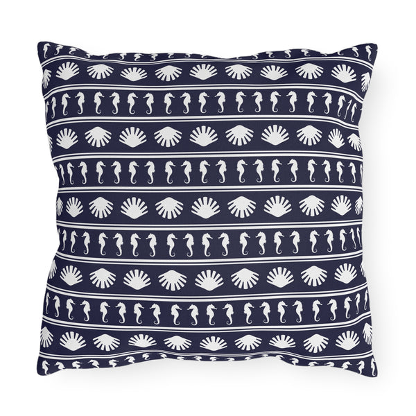 Navy Blue and White Seahorses and Shells Outdoor Pillow