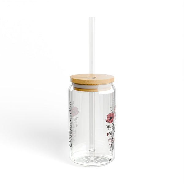Personalized August Flower 16oz Can Glass - Stylish Sipper with Bamboo Lid and Straw